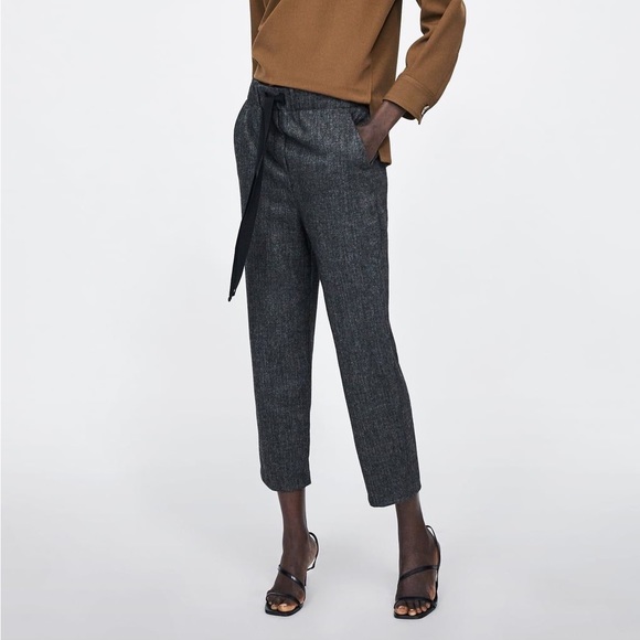 ZARA HERRINGBONE GRAY TROUSERS PANTS WAISTBAND BOW NEW tags Large - Picture 1 of 5